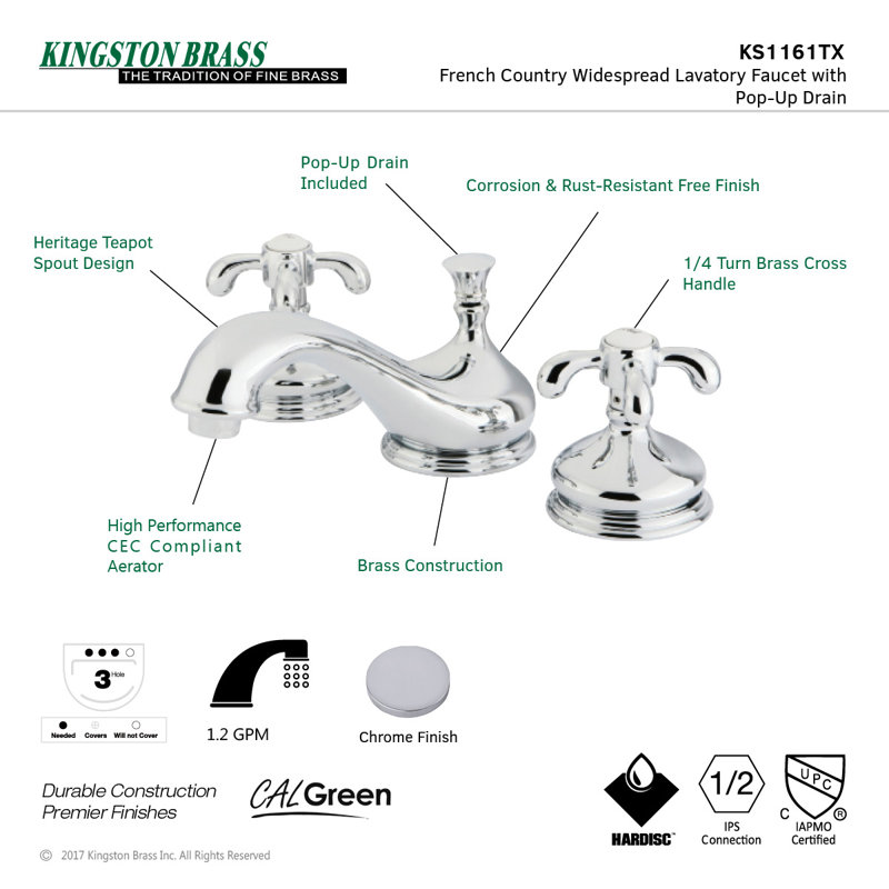 Kingston Brass French Country Two-Handle 3-Hole Deck Mount Widespread Bathroom Faucet with Brass Pop-Up Drain