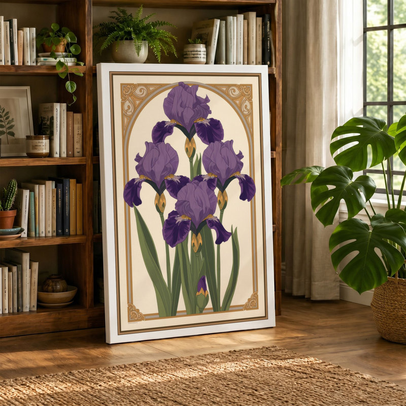 Purple Irises with Gold Frame Botanical - Wrapped Canvas, 24x16 - 61.0 x 40.6 cm, Cream Border