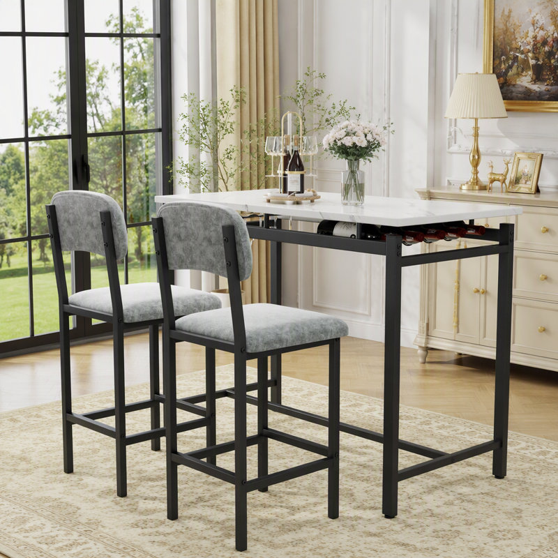 Table de salle à manger moderne et chaises pour 2 personnes, ensemble de table de salle à manger avec finitions en marbre et 2 chaises rembourrées