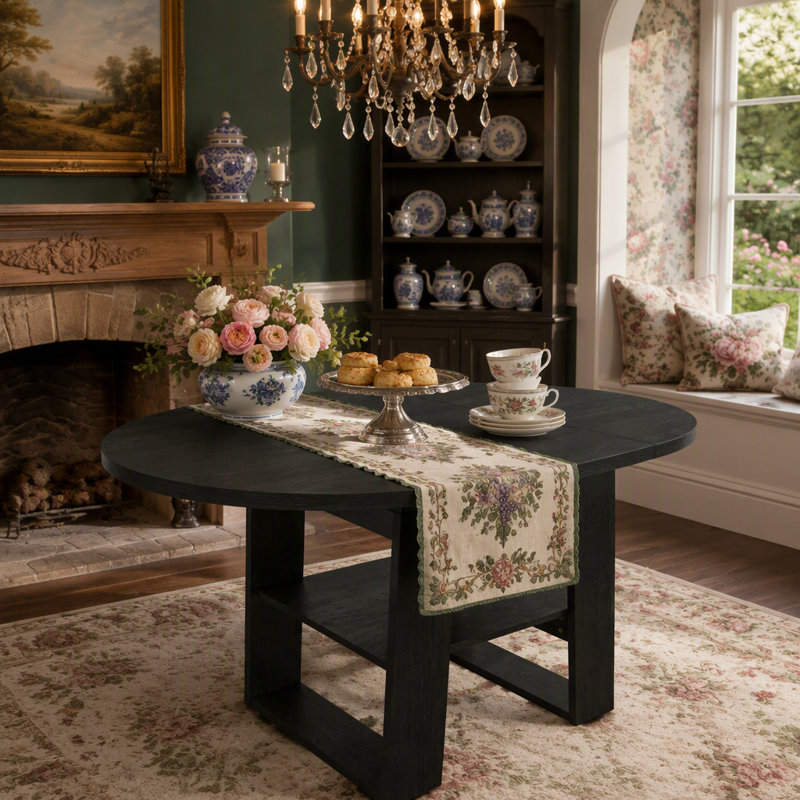 Table de salle à manger extensible ronde 43,3 "à 59" pour 4-6, table de cuisine ronde à ovale avec rallonge rabattable intégrée, base stable en H et tablette de rangement, noir
