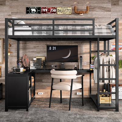 Lit mezzanine avec bureau en L et garde-robe, lit mezzanine en métal avec cubes de rangement et tablettes, structure de lit mezzanine robuste pour enfants, adolescents, adultes, conception silencieuse et sans sommier