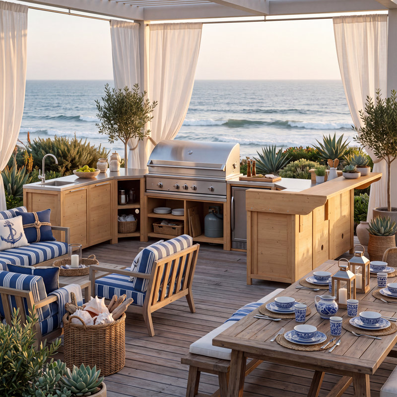 Ensemble de cuisine extérieure en cèdre naturel 7 pièces en forme de U avec évier, espace barbecue, meuble réfrigérateur, double rangement d'angle et bar