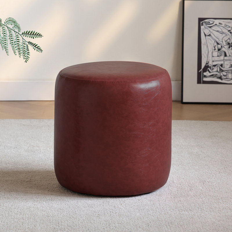 30cm Small Round Faux Leather Upholstered Ottoman, Wine