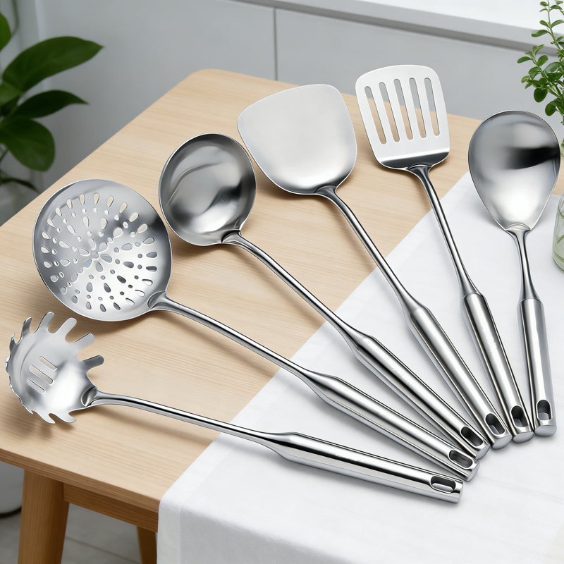 Ensemble d'ustensiles de cuisine 6 pièces en acier inoxydable - Spatule Wok, louche, écumoire, cuillère à pâtes, cuillère de service, tourneur à fentes - Outils de cuisine allant au lave-vaisselle