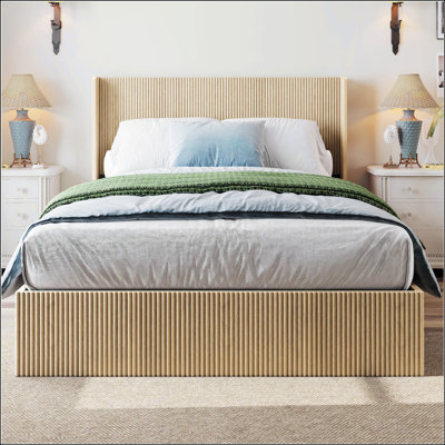 Large Raised Undulating Storage Bed Frame with Grooves, Oak Finish, No Box Spring Required, Queen Size