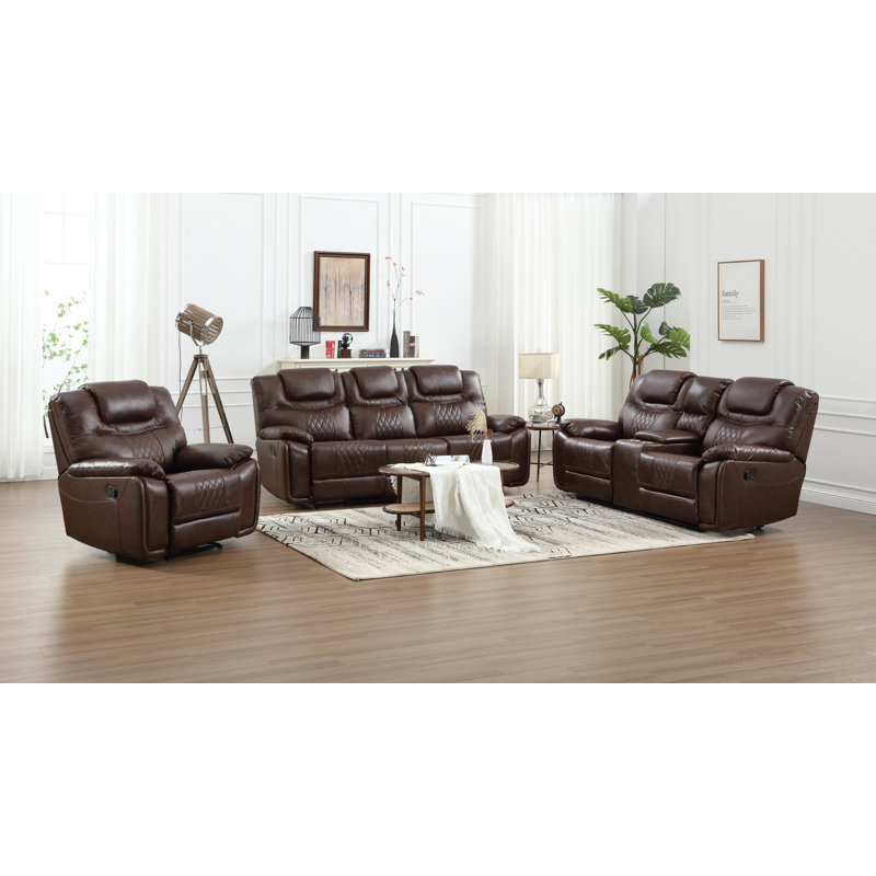 Jepum 3 - Piece Genuine Leather Manual Reclining Living Room Set with Cupholder & Storage, Espresso
