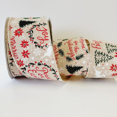 Ruban de 2,5 po x 25 verges naturel avec phrases de Noël rouges, vertes et blanches