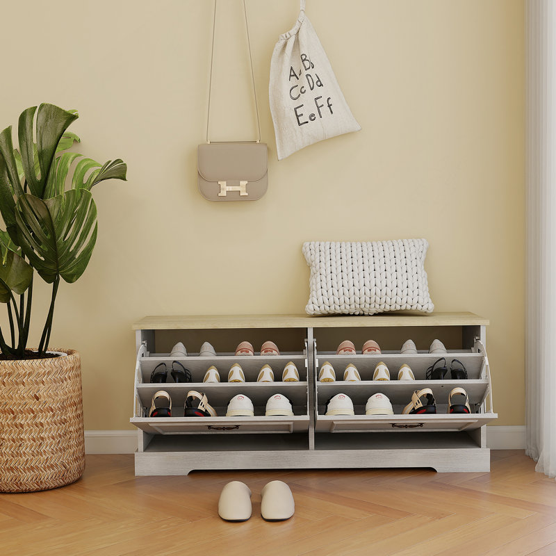 Banc de rangement pour chaussures avec 2 tiroirs rabattables et tablette réglable pour le vestibule, le couloir, la chambre à coucher - blanc antique