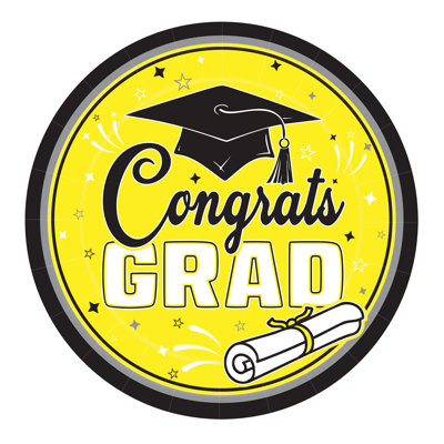 Yellow Congrats Grad Paper Plates, 9", 18 Plates/Package
