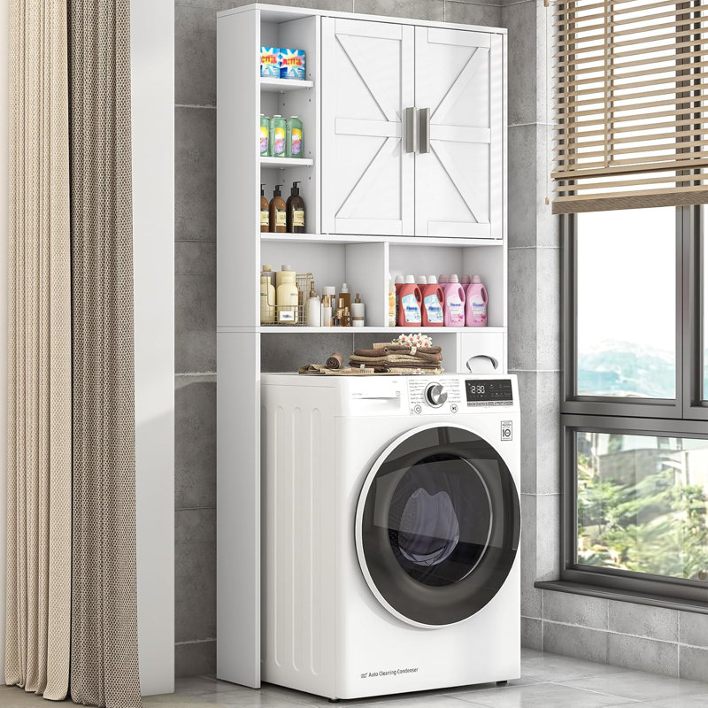 Armoire de rangement Farmhouse au-dessus de la toilette avec 2 portes de grange et 10 tablettes de rangement, Blanc