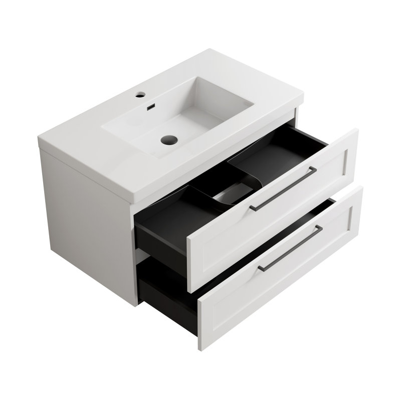 Devillage 35.4'' Wall Mounted Single Bathroom Vanity with Engineered Stone Top, White Lacquer