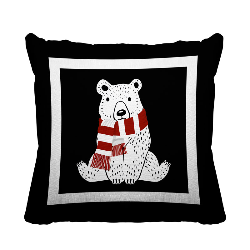 Coussin intérieur / extérieur Folk Christmas Bear, L 15 po x H 15 po, Noir