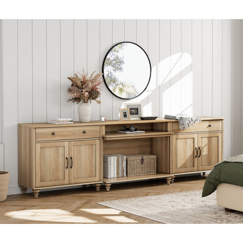 Scarlett Sideboard Cabinet With 2 Drawers, 4 Doors And 2 Open Shelves, Vintage Wood Grain Design, Buffet Cabinet With 8 Storages, Coffee Bar For Dinning Room, Kitchen, And Living Room, Oak, 105 Inch