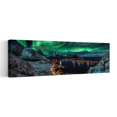 Aurora Over Fjord Town 1 Piece Wrapped Canvas Panoramic Wall Art