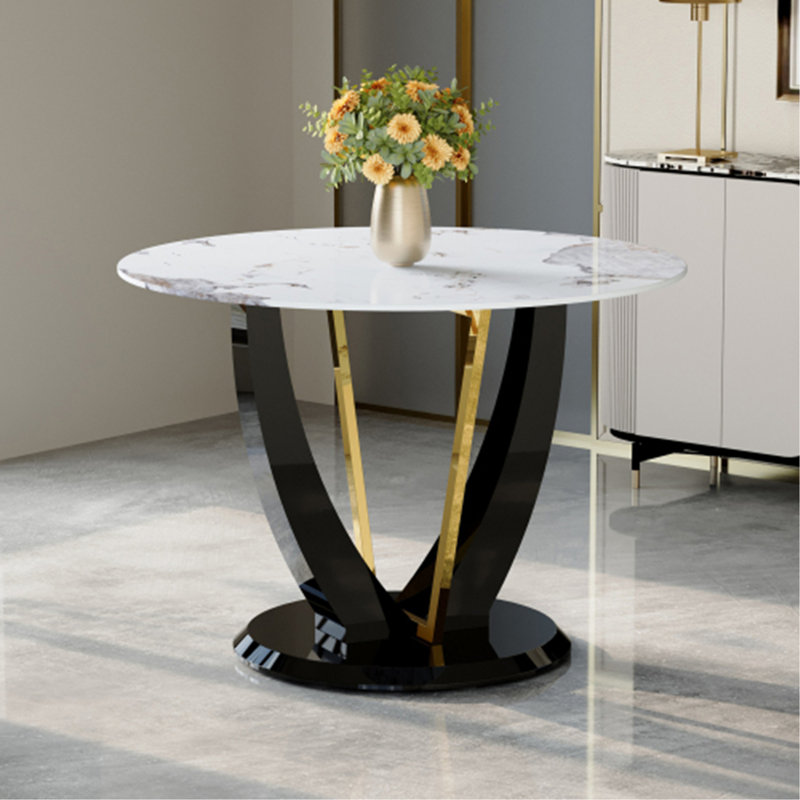 Table de salle à manger ronde en verre trempé de 42 pouces de diamètre - Design moderne, pieds en panneau de fibres à densité moyenne en forme de V. Imitation de texture de marbre, peinture sur panneau de fibres à densité moyenne.