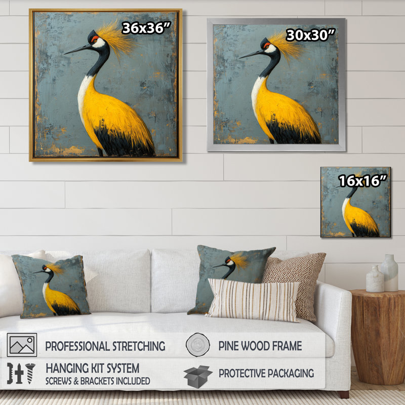Gray And Yellow Crested Crane Bird I - Bird Canvas Wall Art, Single Picture Framed Print, Silver, 16" H x 16" W