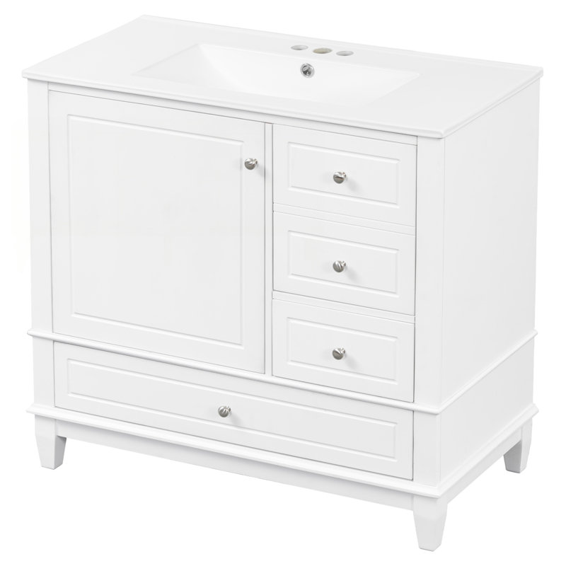 Meuble-lavabo sur pied 36 po avec lavabo en céramique, panneau de fibres à densité moyenne et base en bois massif, 3 tiroirs et armoire, finition blanche