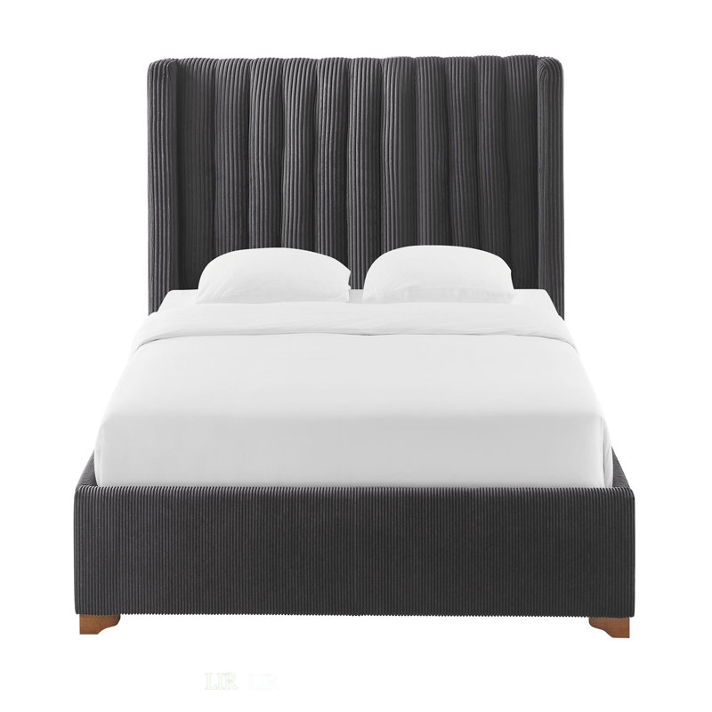 Modern Upholstered Platform Bed With Corduroy Wing Headboard, Black, Full