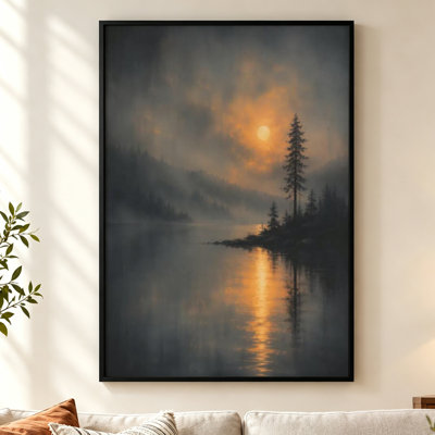 Lac sombre au coucher du soleil - Tableau sur toile à l'ambiance mystérieuse, encadré d'or, 76 cm (H) x 51 cm (L)
