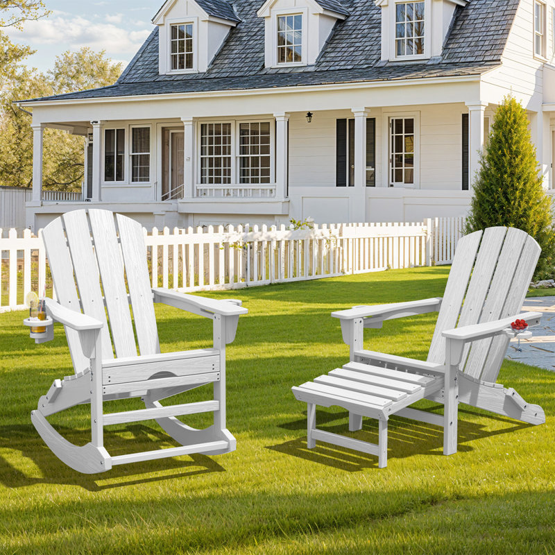 Outdoor HDPE Folding and Rocking Adirondack Chair With Double Cup Holder and Ottoam , White