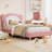 Twin Size Bed Frame for Kids - Cute Velvet Princess Platform Bed with Upholstered Headboard for Girls/Boys, Solid Wood Slats Support, No Box Spring Needed, Pink + White-1920976218-1920976228