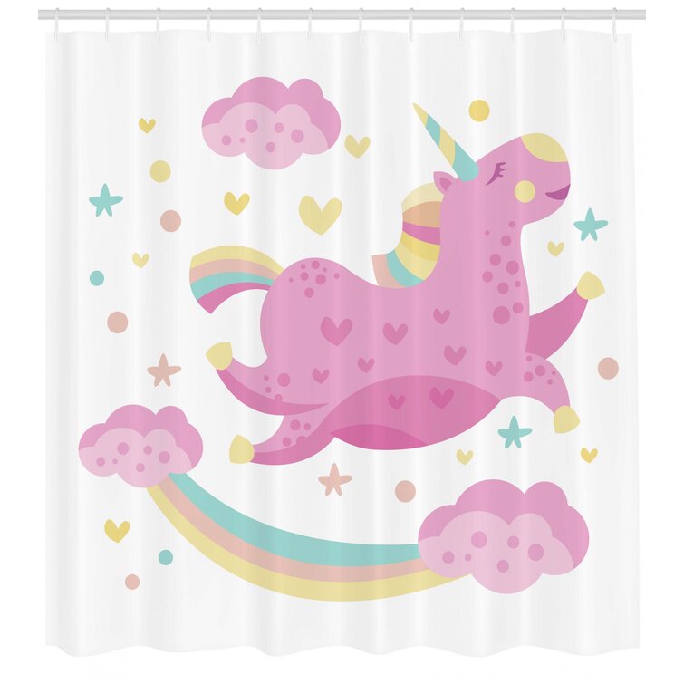 Harriet Bee Cathy Girly Chubby Legendary Unicorn with Star Rainbow Funny Cartoon Kids Nursery Decor Single Shower Curtain