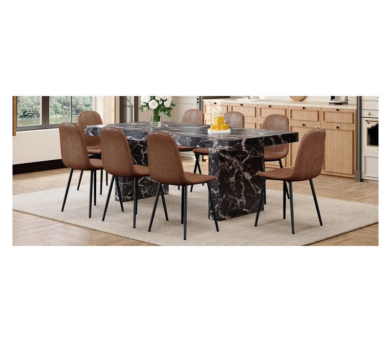 Ensemble de table de salle à manger 78,7 po en marbre noir luxueux avec 8 chaises en tissu technique brun - Mobilier de cuisine moderne