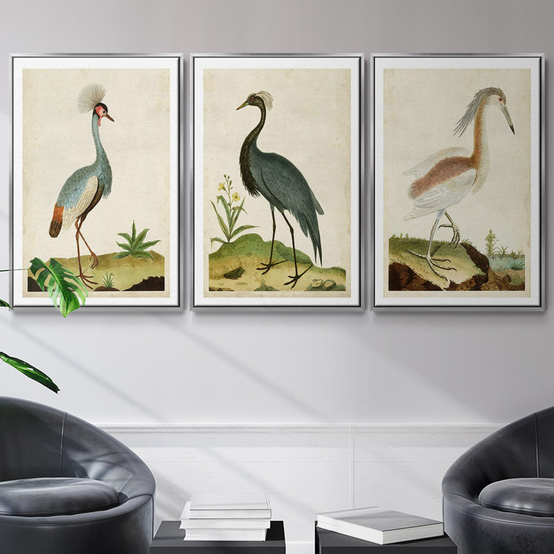 " Heron Portrait I " 3 - Pieces, 36" H x 72" W, Silver Framed