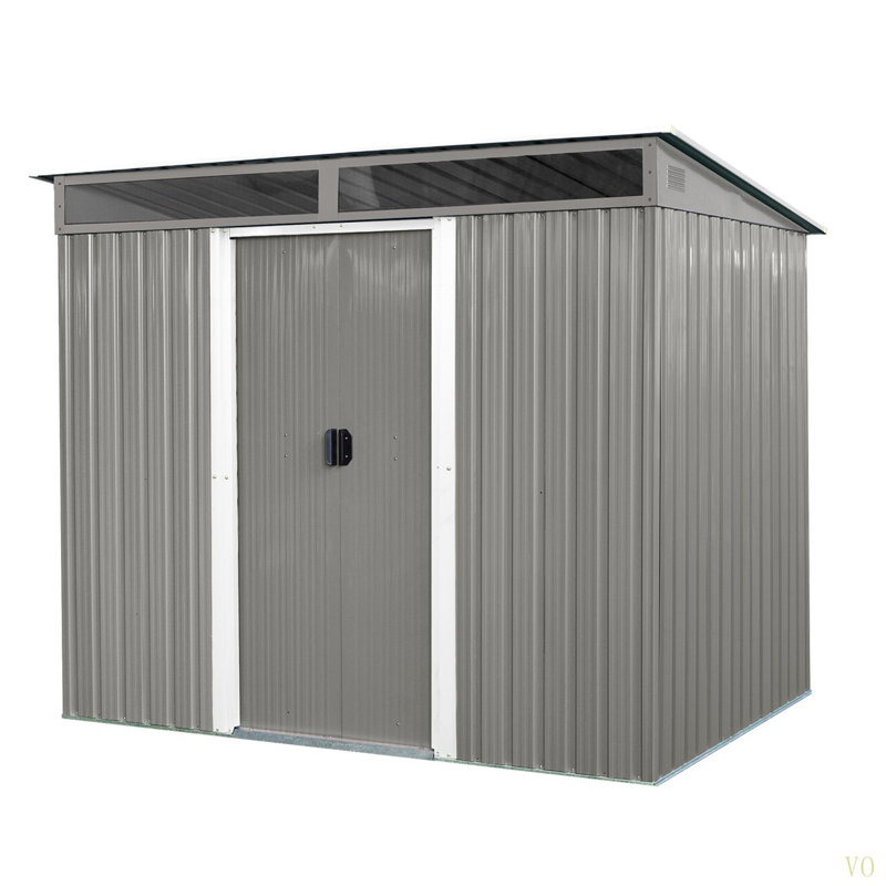 8Ft X 6Ft Outdoor Metal Storage With Lockable Sliding Doors And Transparent Plate For Garden, Lawn, Gray