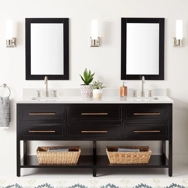 72" Robertson Double Bathroom Vanity Set with Rectangular Undermount Sinks, 8" Widespread, Feathered White Quartz, Black