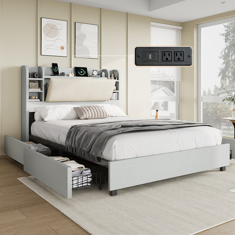 47.2" Bookcase Upholstered Queen Size Bed Frame with 4 Storage Drawers,Light Gray, Light Gray, Queen