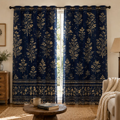 2 pièces rideaux à imprimé botanique bleu marine, motif d'arbre à oiseaux floral rétro bloquant le soleil, décor de maison de campagne rustique pour le salon, la chambre et le café pour la maison