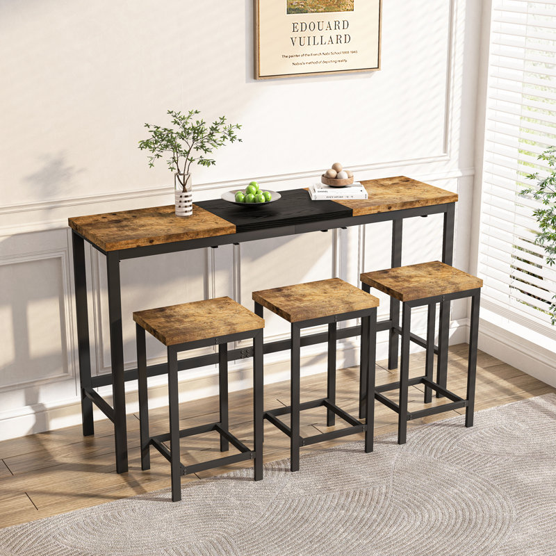 Modern Design Kitchen Dining Table, Pub Table, Long Dining Table Set with 3 Stools, Convenient Hanging Stool Design, Natural