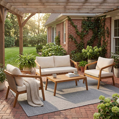 Ensemble de conversation 4 pièces pour patio en bois d'acacia avec dossier en osier et coussins de confort
