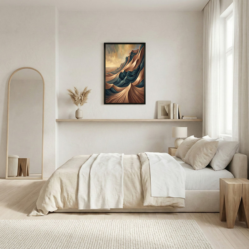 Toile abstraite, dunes de sable ondulées bleu sarcelle et brun, H 12 po x l 18 po