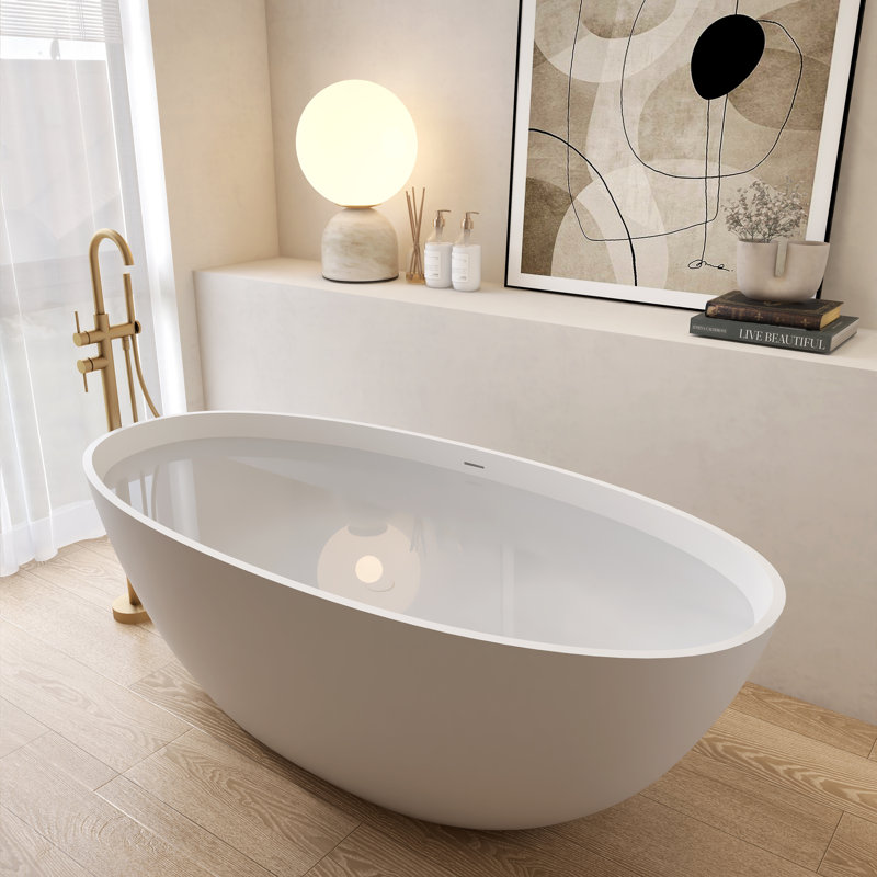 65'' Freestanding Tub Solid Surface Resin Stone Soaking Bathtub, White