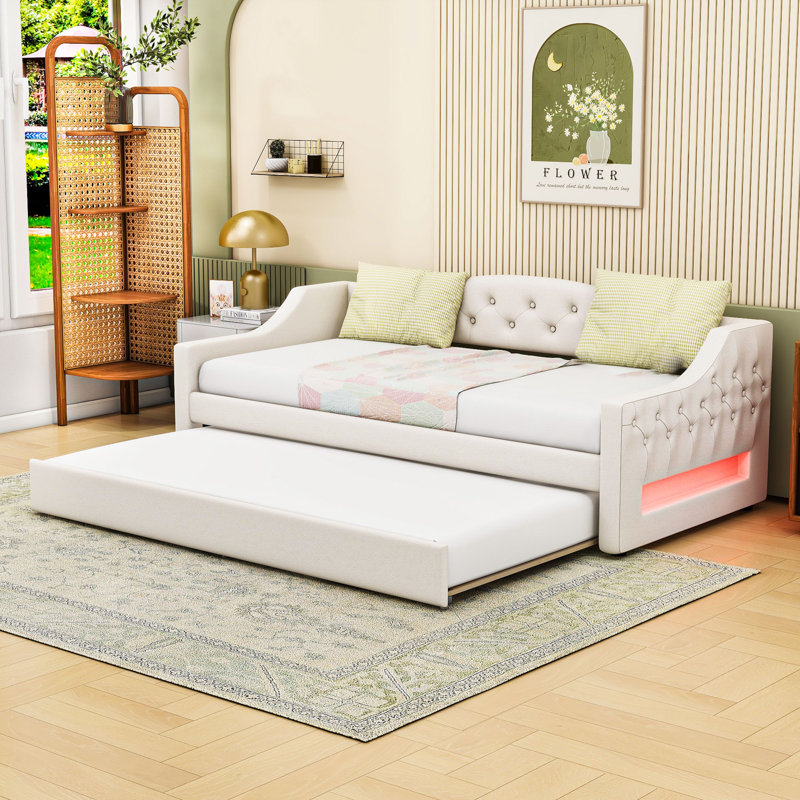 Twin XL Upholstered Daybed with LED Belt and Twin XL Trundle, Beige