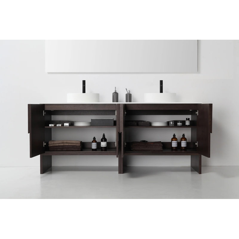Arno 72'' Natural Oak Veneer plywood Bathroom Vanity with engineered Solid Surface Top, Dark Walnut