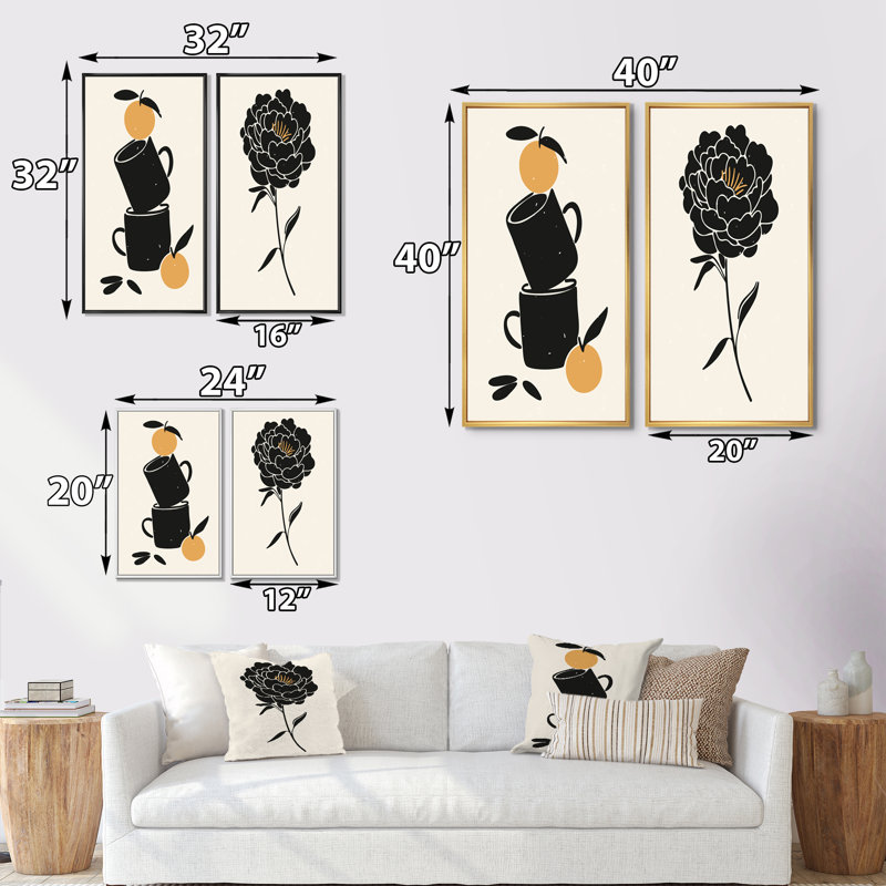 Minimal Botanical Vintage Decor Elements I - ensemble de 2 impressions, H 20 po x l 24 po x P 1 po, Toile avec cadre doré