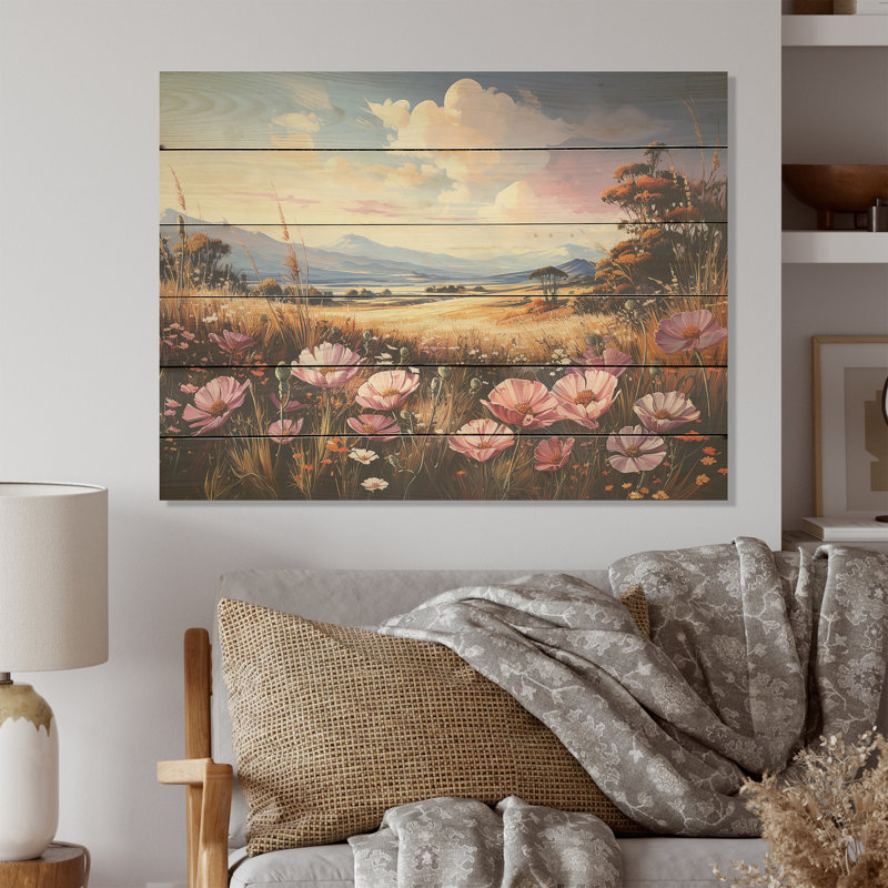 Fleur mauve colorée dans les Prairies du Nevada I - Fleurs, art mural sur bois de pin naturel, H 10 po x l 20 po