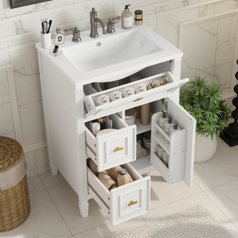 24" Bathroom Vanity With Sink White, Bathroom Vanity Cabinet With One Flip Drawer And Two Drawers, Adjustable Shelf, White