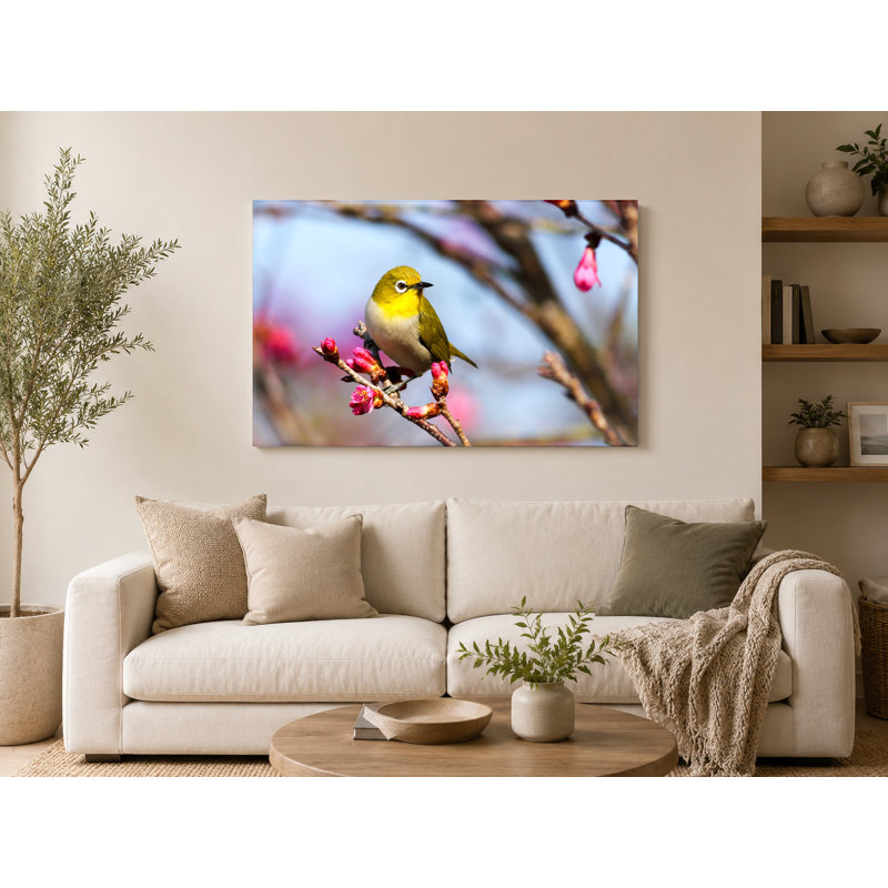 Œuvre blanche japonaise sur fleurs de cerisier - paysage, art mural sur toile, L 14 po x H 11 po