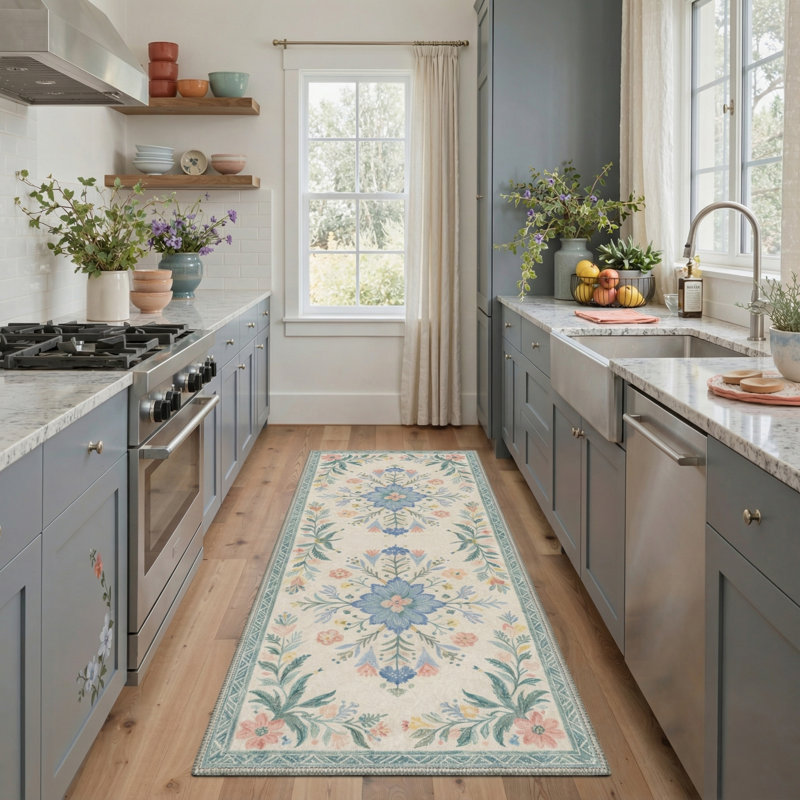 Abadou Vintage Floral Machine Washable Dusty Blue / Beige Indoor Area Rug With Non-Slip Backing, Runner 2' x 7'