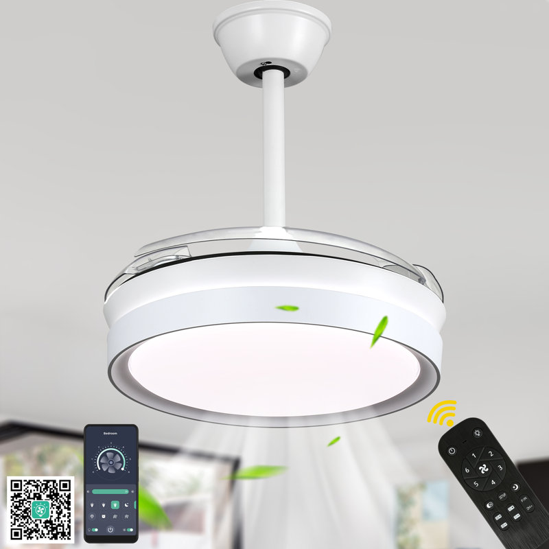 Gerede 36" Retractable Ceiling Fan with Light, Modern Bladeless Ceiling Fan with Remote, White with Clear Blades