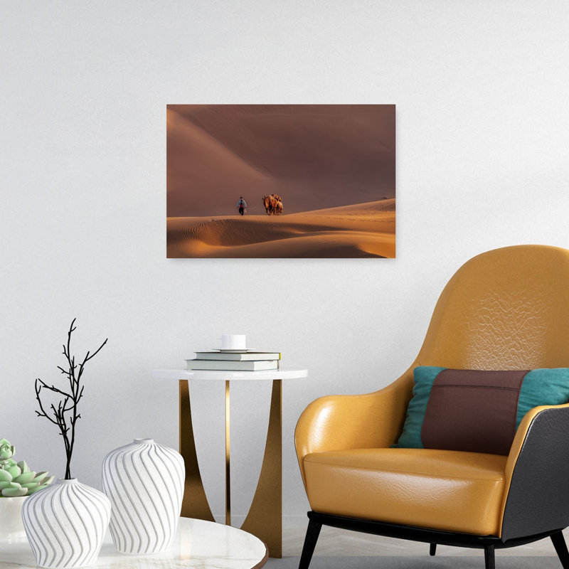 " Golden Desert Camel Journey Peaceful Serene Tranquil Landscape Nature Wall Art Print " Print, 16" H x 24" W