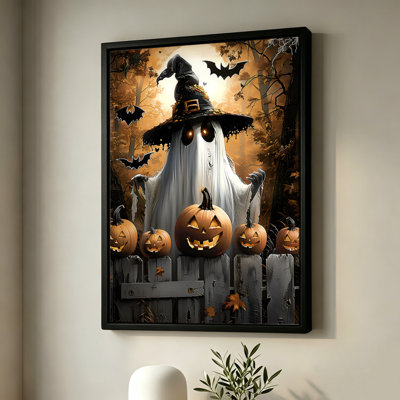 Fantôme d'Halloween coiffé d'un chapeau de sorcière, avec chauves-souris et lanternes, tableau sur toile encadré, cadre marron, 61 x 91 cm