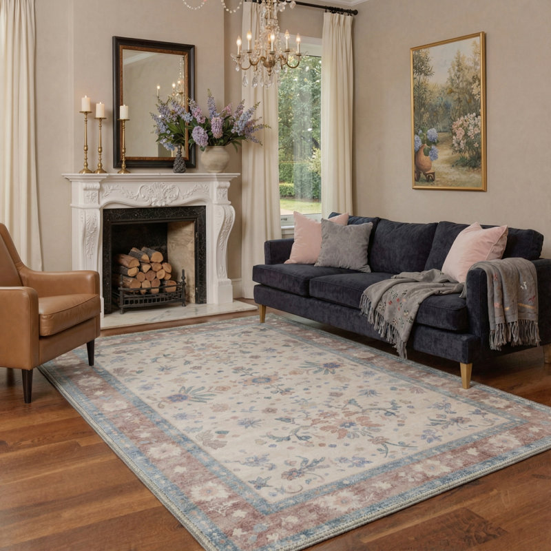 Vintage Floral Machine Washable Blush Rose / Beige / Blue Indoor Area Rug With Non-Slip Backing, Rectangle 5' x 7'