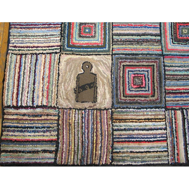Square Antique Rare Basket Weave And Log Cabin Design American Folk Art Hooked Rug
