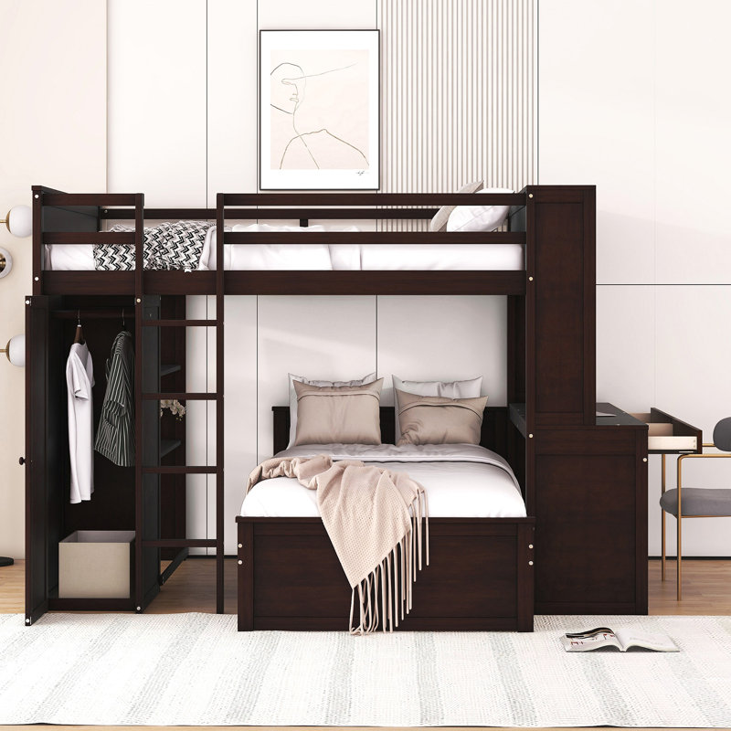 Lit mezzanine avec lit autonome, tablettes, bureau et garde-robe, Espresso