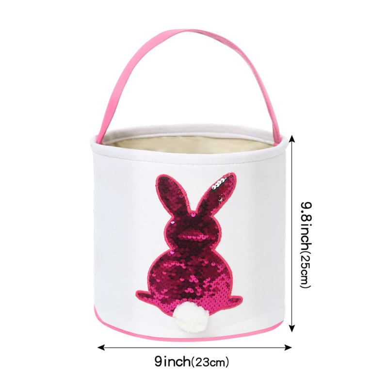 Sacs de panier de lapin de Pâques pour enfants, motif de paillettes, panier à œufs, sacs de chasse en toile, seau en coton avec queue moelleuse pour œufs de Pâques, bonbon, cadeau (rose)